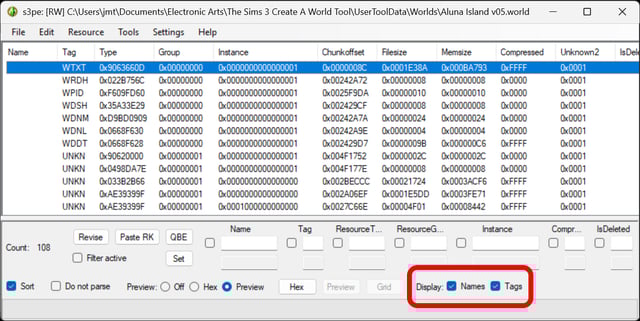 Where to check the Names and Tags checkboxes